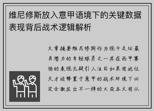 维尼修斯放入意甲语境下的关键数据表现背后战术逻辑解析