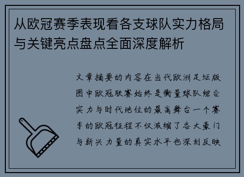 从欧冠赛季表现看各支球队实力格局与关键亮点盘点全面深度解析